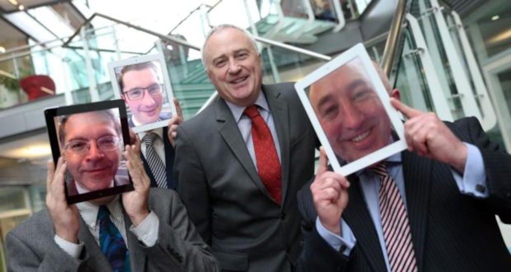At the shortlist announcement for the Docklands Innovation Park Enterprise Awards, with Ronan Murphy, senior partner at awards sponsor PricewaterhouseCoopers (centre), were (left to right): Tim Schmidt, Simply Connected Ltd; Tony Staunton, Propertygate; and Kevin Ryan, Pura Light Ltd. Photograph: Jason Clarke Photography