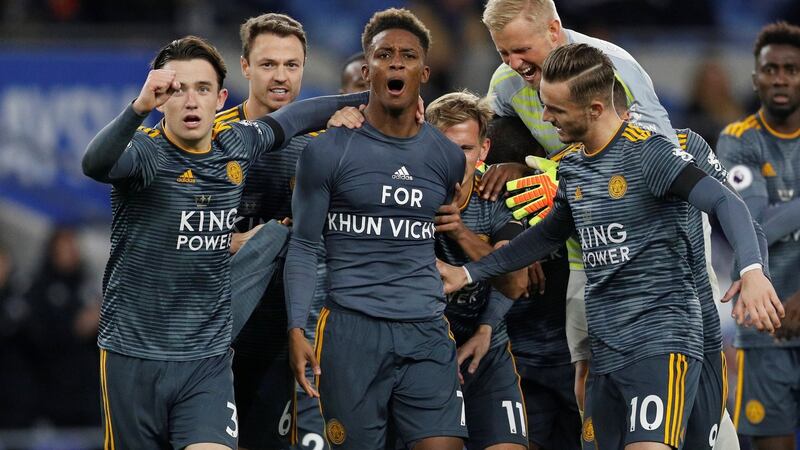 Leicester City’s Demarai Gray celebrates scoring their first goal with team-mates wearing a shirt in remembrance of Vichai Srivaddhanaprabha, the chairman of the club who dies in last weekend’s helicopter crash. Photograph: Darren Staples/Reuters
