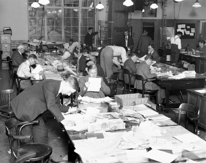 Journalists at the Daily Herald in Fleet Street, London, in May 1931: The street no longer houses press media or the hustle and bustle around editors and reporters. Photograph: George Woodbine/Daily Herald Archive/National Science & Media Museum/SSPL via Getty