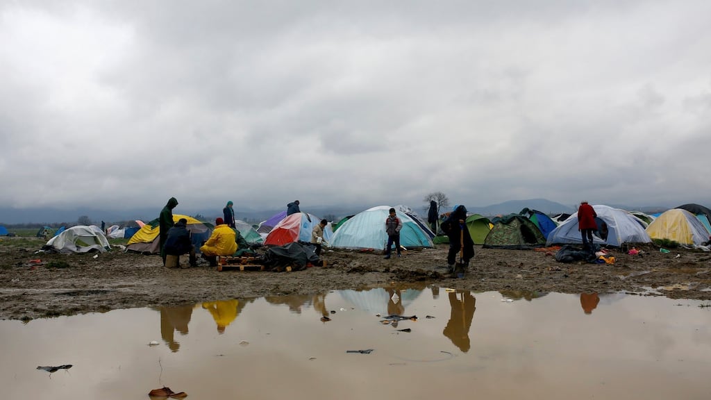 Migrants in a makeshift camp near the village of Idomeni, Greece, near the Macedonian border. Photograph: Ognen Teofilovski/Reuters