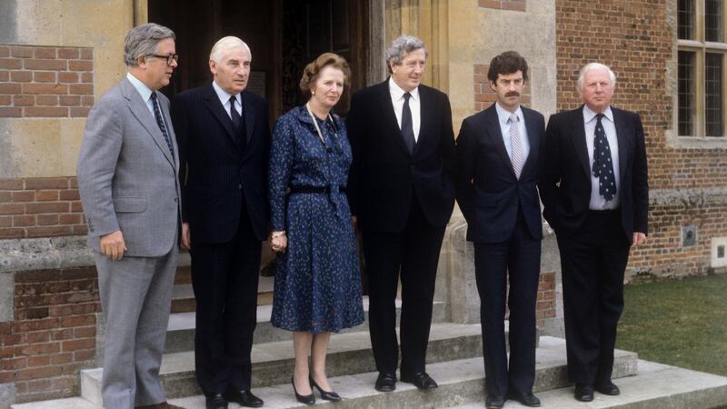 Politicians taking part in the Anglo-Irish talks at Chequers in 1983. From left: Sir Geoffrey Howe (Britain’s foreign secretary), Peter Barry (Irish foreign minister), British prime minister Margaret Thatcher, Dr Garret Fitzgerald (taoiseach), Dick Spring (tánaiste) and James Prior (Northern Ireland Secretary).