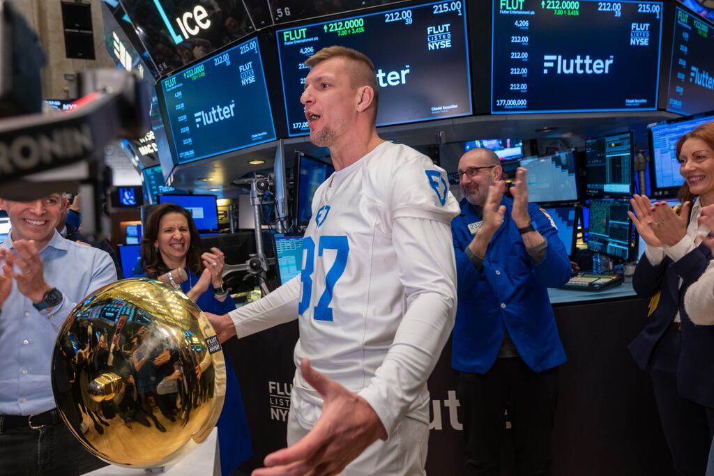 Former NFL star Rob Gronkowski was at the New York Stock Exchange to mark Flutter opening its New York listing in January. Photograph: Spencer Platt/Getty Images