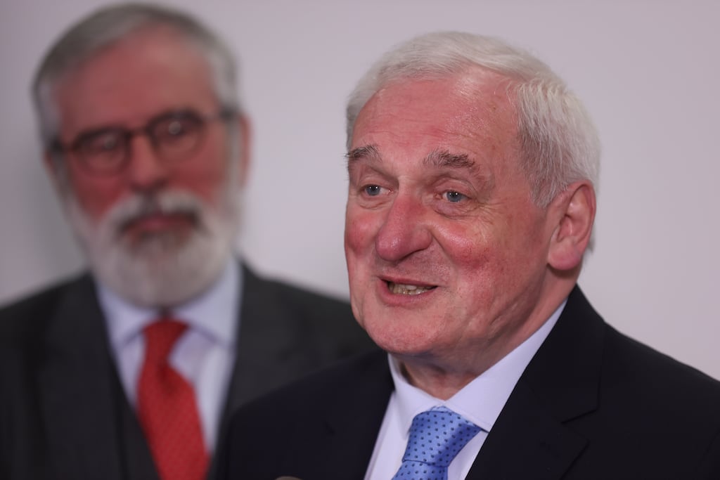 Former taoiseach Bertie Ahern speaks to the media, watched by Gerry Adams, at the three-day international conference at Queen's University Belfast to mark the 25th anniversary of the Belfast Agreement. Photograph: Liam McBurney/PA