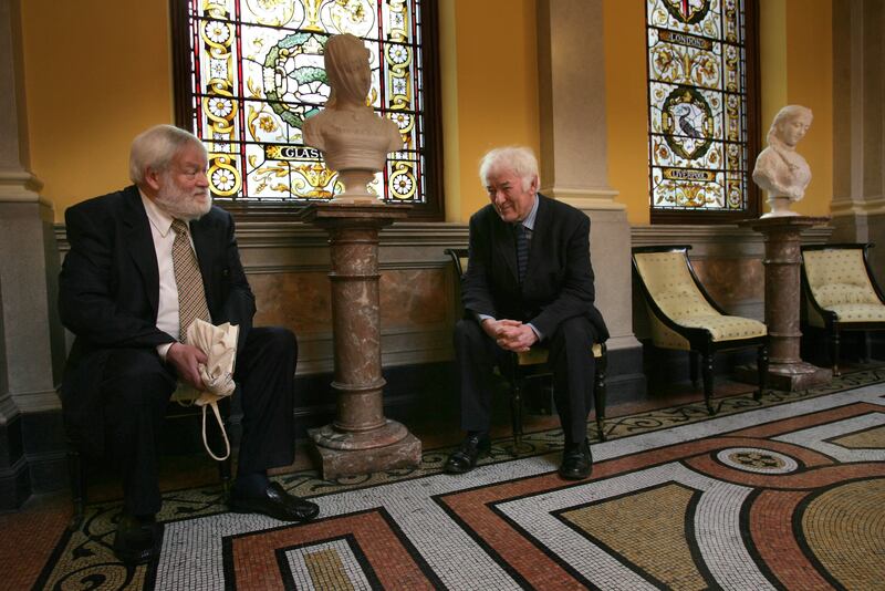 Michael Longley and Seamus Heaney at Belfast Harbour Commissioners Office in 2007. Photograph: Frank Miller