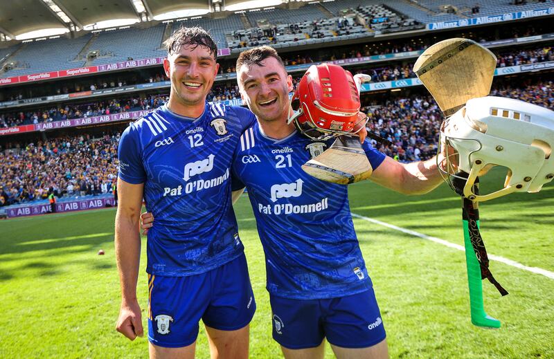 Peter Duggan and Ryan Taylor celebrate after the All-Ireland semi-final win over Kilkenny. Photograph: Ryan Byrne/Inpho