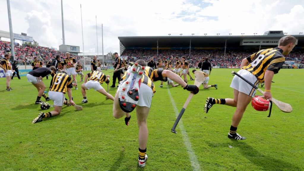 Kilkenny hurlers go through their warm-up routine ahead of an important championship match. Photograph: Morgan Treacy/Inpho.