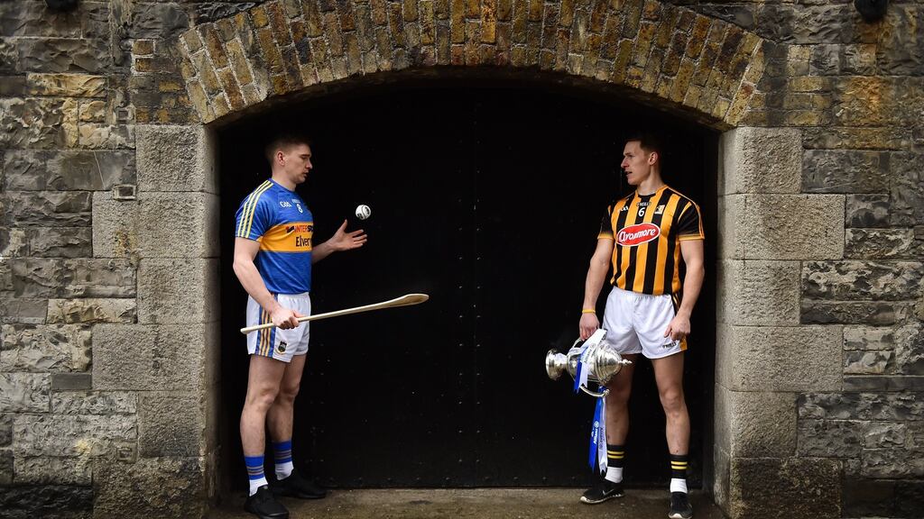 Tipperary’s Brendan Maher and Cillian Buckley of Kilkenny ahead of the Allianz League Division 1 hurling final which takes place at Nowlan Park, Kilkenny, on Sunday. Photograph: Brendan Moran/Sportsfile