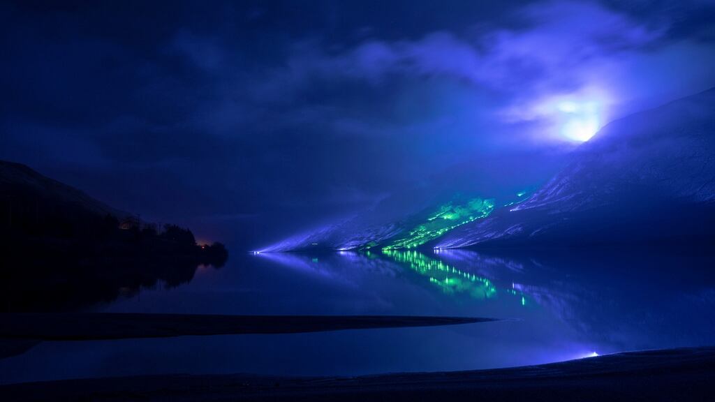 Kari Kola’s artwork Savage Beauty turns Connemara Mountains emerald and blue. The public presentation in March 2020 was cancelled because of Covid-19. Photograph : Christopher Lund