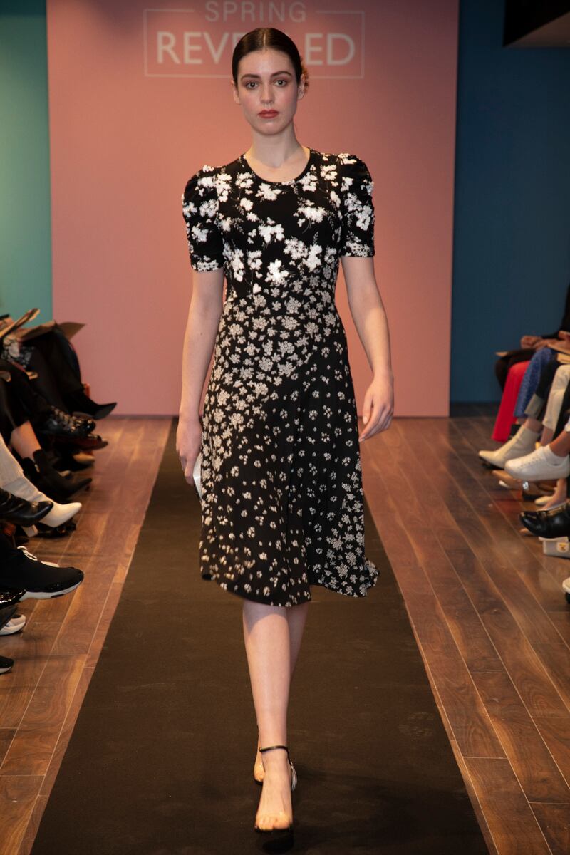 Louise wears: Floral sequined dress, MICHAEL by Michael Kors, €395, Choupette clutch, Karl Lagerfeld, €175, Shoes by Dune, €115