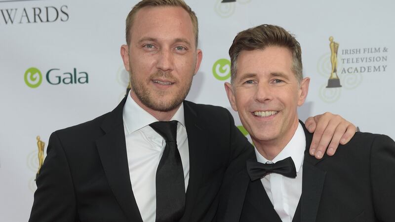 Dermot Bannon and Mateo Saina arrive for the IFTA Gala Television Awards in the RDS. Photograph: Michael Chester
