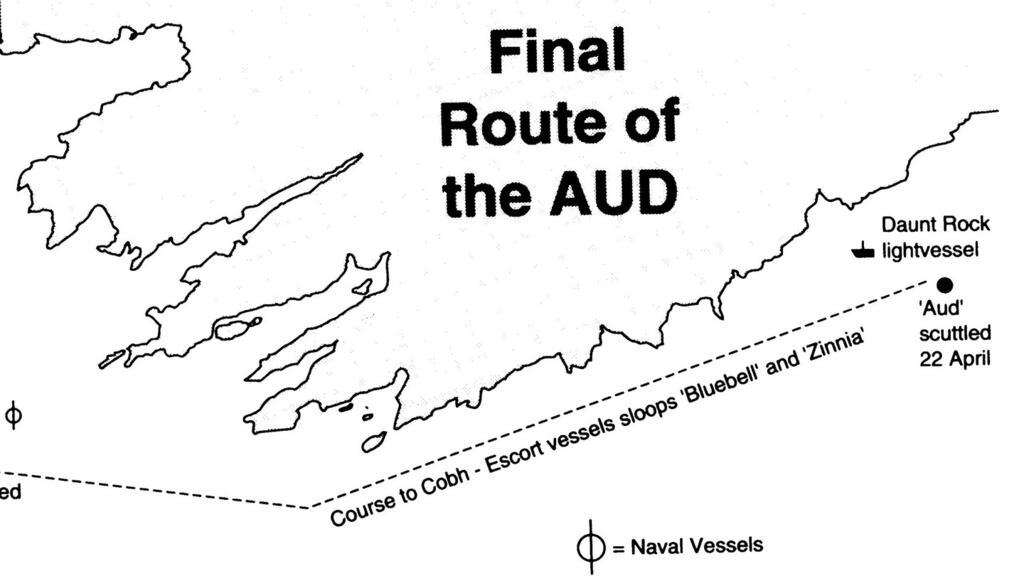 The ship carrying 20,000 German rifles and ammunition to be used in the Easter Rising, the Aud, was intercepted and scuttled by its crew.