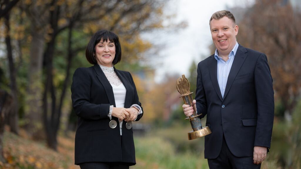 Anne Heraty, chairwoman of the EY Entrepreneur Of The Year judging panel and partner lead Roger Wallace pictured ahead of this year’s finals. Photograph:Naoise Culhane