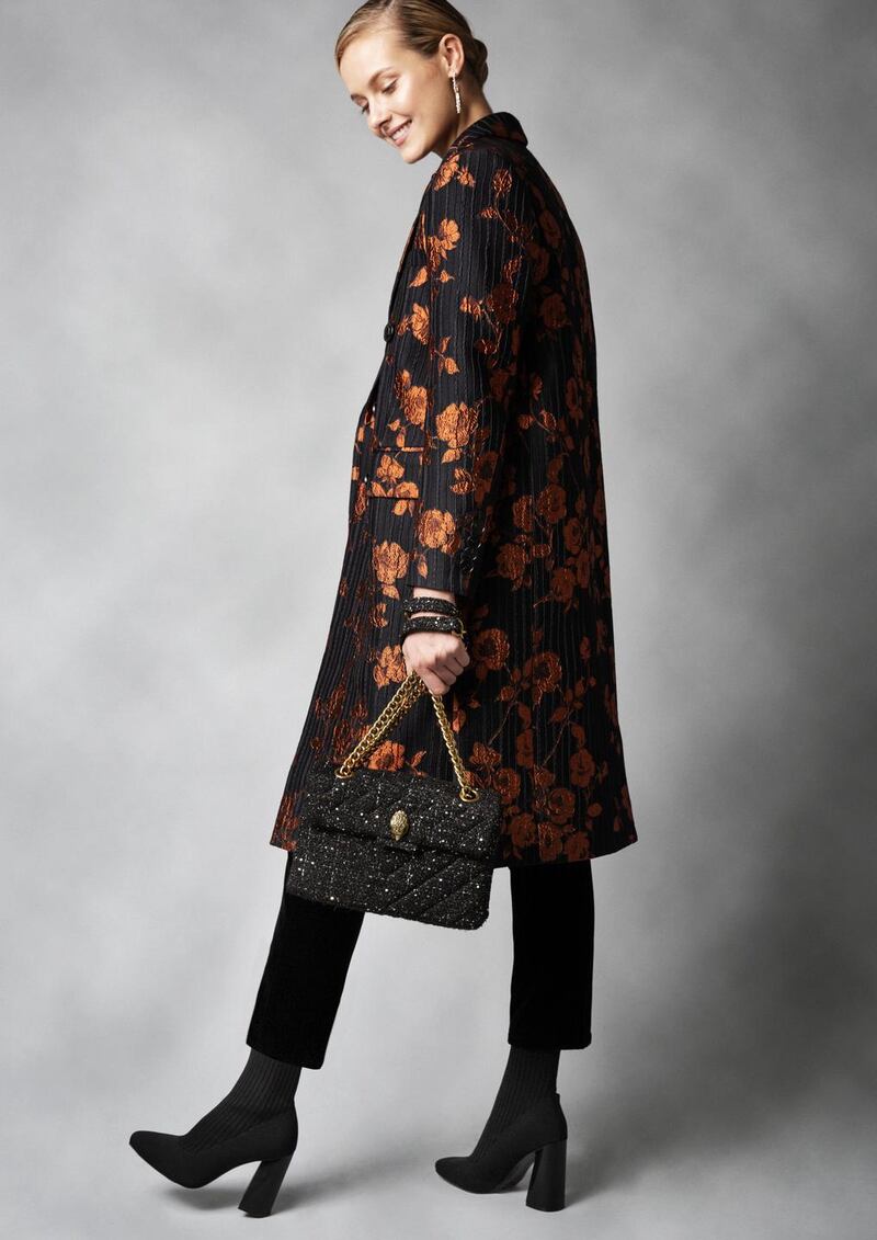 Brocade coat DMN €760, black velvet trousers Pablo €185, crystal hoop earrings Alexis Bittar at Loulerie €179, black lurex tweed bag Kurt Geiger (sample), black sock boots Kendall & Kylie €225