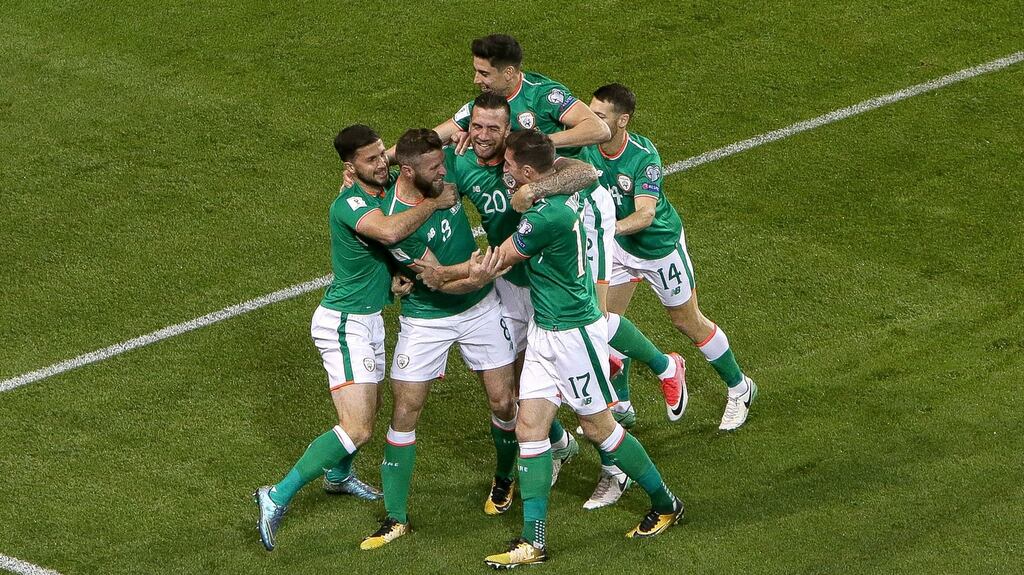 Ireland’s Daryl Murphy celebrates his first goal with team-mates during the World Cup qualifier against Moldova. Photograph: Gary Carr/Inpho