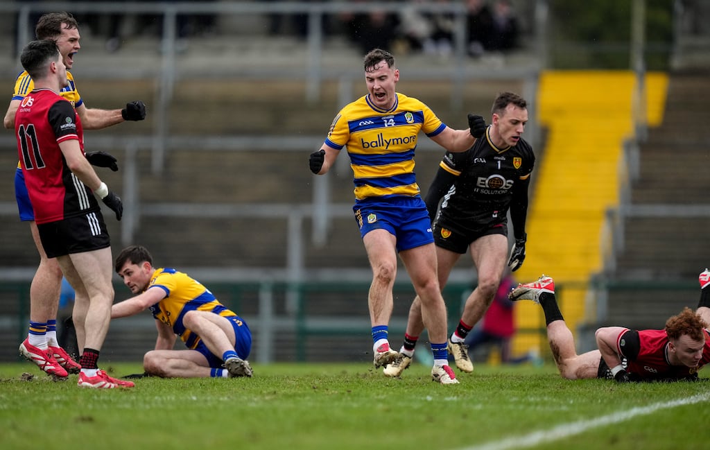 Roscommon's Cian McKeown celebrates a goal. Photograph: James Lawlor