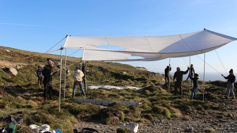 Artists and crew rigging Oii, part of the Tombolo 19 residency and exhibition at Brow Head, Mizen Peninsula, west Cork. Photograph: Al Cahill