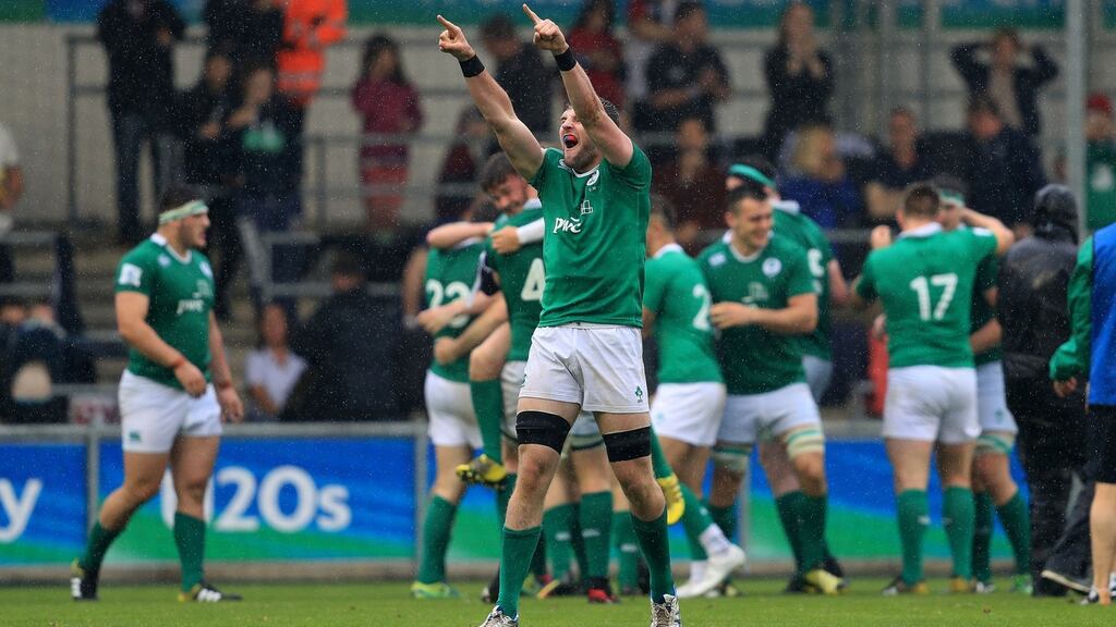 Ireland celebrate their victory over New Zealand during the Under 20’s Rugby Union World Cup match at the City Academy Stadium, Manchester. Photograph: PA