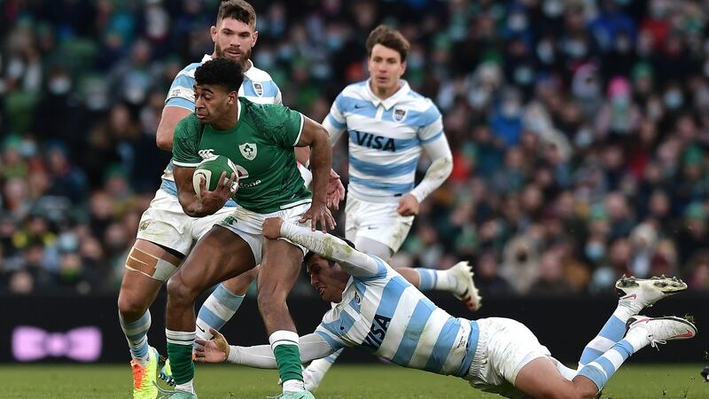 Robert Baloucoune is tackled by Matias Moroni during Ireland’s win over Argentina. Photograph: Charles McQuillan/Getty