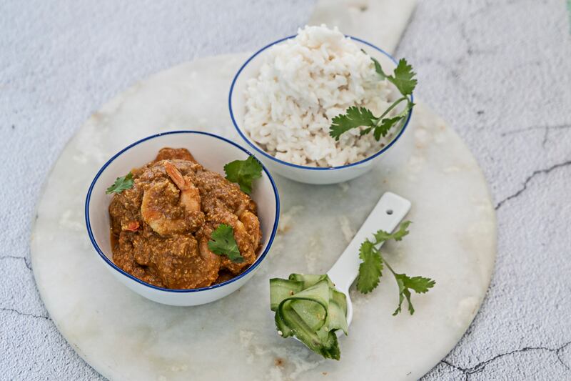 Prawn satay with pickled cucumber.