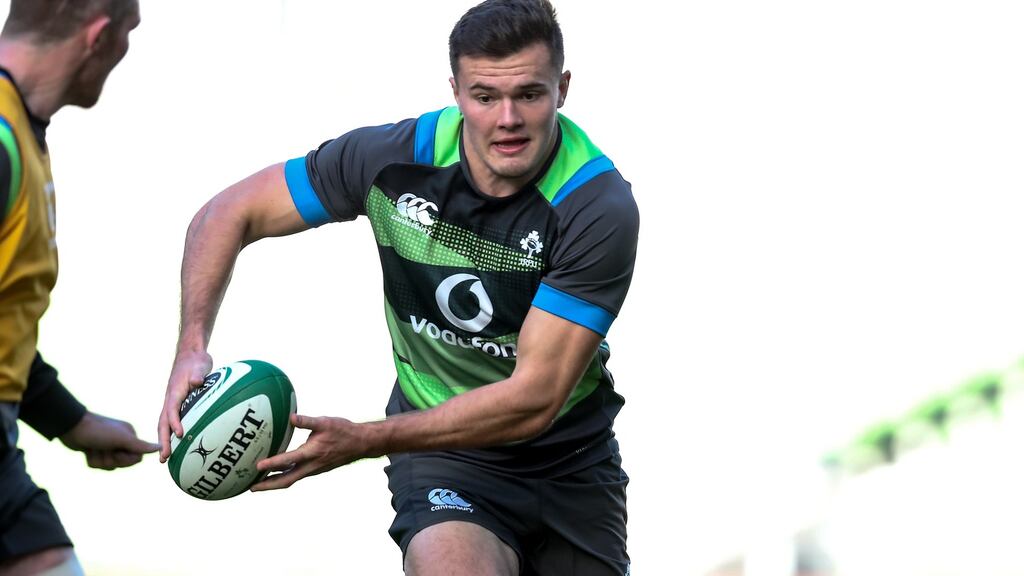Jacob Stockdale at yesterday’s captain’s run at the Aviva Stadium, Dublin, ahead of his first start for Ireland on home soil. Photograph: Billy Stickland/Inpho