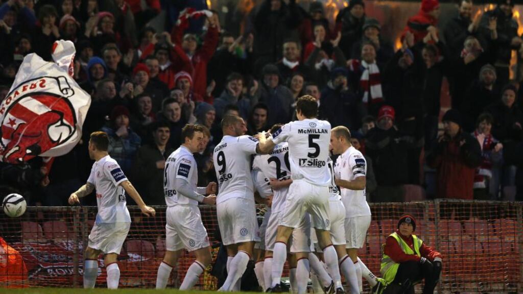 Sligo’s Raffaele Cretaro celebrates scoring the opening goal of the game. Photograph: Lorraine O’Sullivan/Inpho