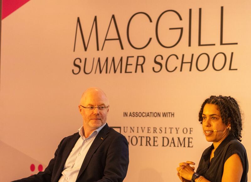 Former minister for health Stephen Donnelly and Jess Majekodunmi, managing director of human sciences studio at Accenture, at the MacGill Summer School. Photograph: North West Newspix