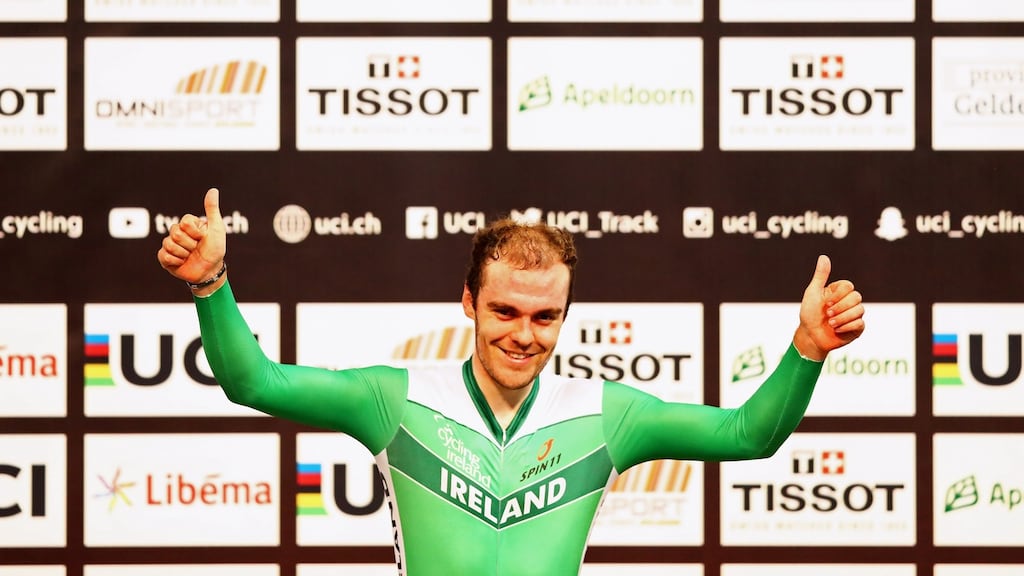 Ireland’s  Mark Downey celebrates winning the gold medal in the men’s points race final during the Tissot UCI Track Cycling World Cup at the sport centre Omnisportin Apeldoorn, Netherlands. Photograph: Getty Images
