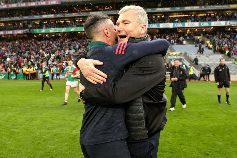 GAA Football All-Ireland Senior Championship Semi-Final, Croke Park, 2021. Mayo manager James Horan celebrates after the game against Dublin with his staff. Photograph: Inpho