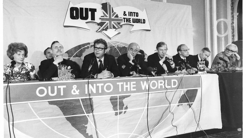 British anti-common market politicians, (l to r) Barbara Castle, Enoch Powell, Neil Marten, Peter Shore, Jack Jones and Michael Foot, prior to the referendum, which confirmed Britain’s membership of the European Common Market in 1975. Photograph: Hulton-Deutsch Collection/Corbis via Getty Images