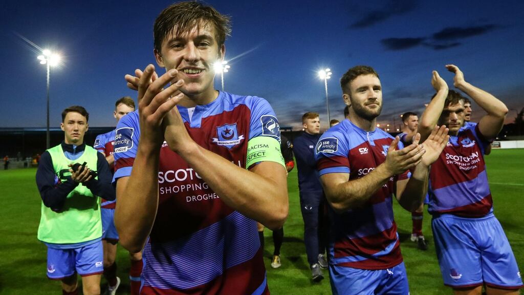 Drogheda’s captain Jake Hyland celebrates after their FAI Cup first round win over Shamrock Rovers. Photo: James Crombie/Inpho