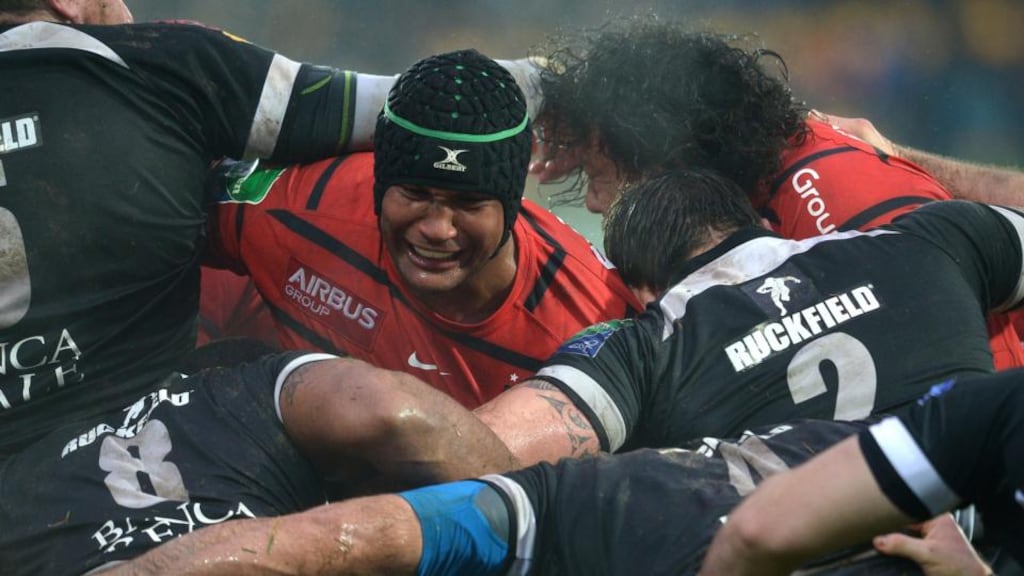 Toulouse’s Thierry Dusautoir in action against Zebre where he ruptured a biceps tendon.