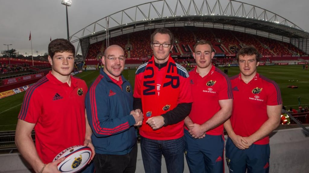 Greencore has agreed to sponser Munster Rugby Academy for three years. Pictured at the announcement are Munster elite player development manager Peter Malone (second left) and Greencore CEO Patrick Coveney (c) with academy players Jack O’Donoghue and Shane Buckley, and Munster’s Mike Sherry – a former academy player.