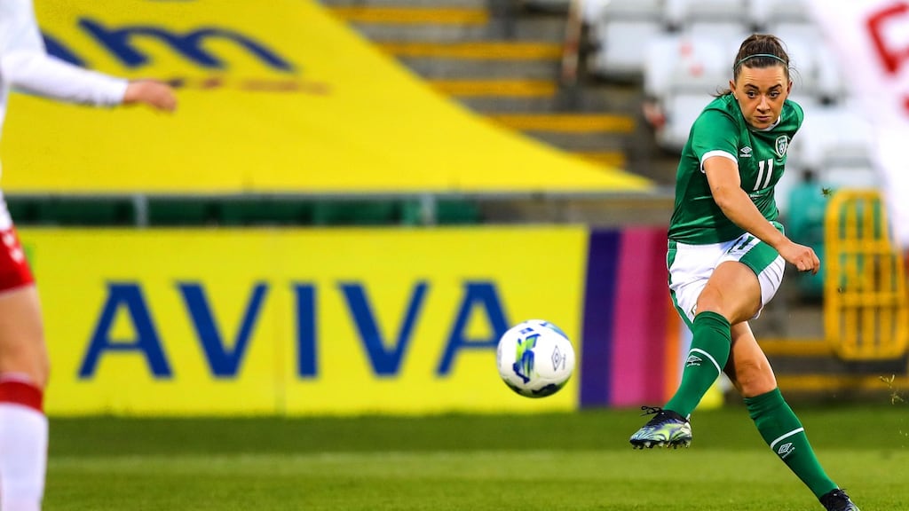 Ireland’s Katie McCabe shoots during the friendly international against Denmark at Tallaght Stadium in April. Photograph: Ryan Byrne/Inpho