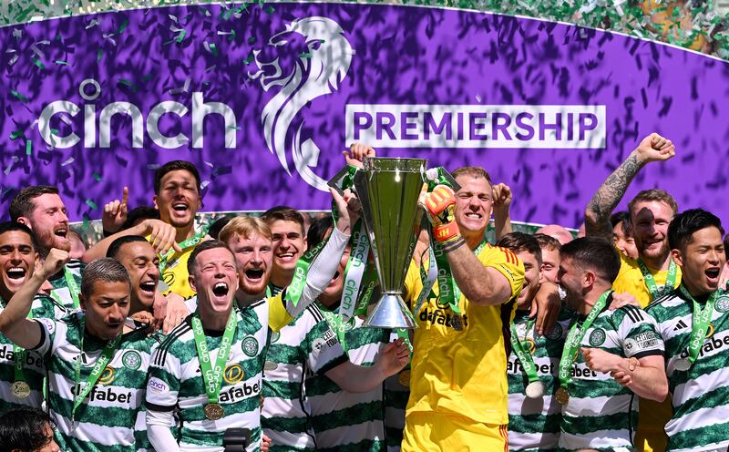 Celtic celebrate after winning last year's Scottish Premiership. Photograph: Stu Forster/Getty Images