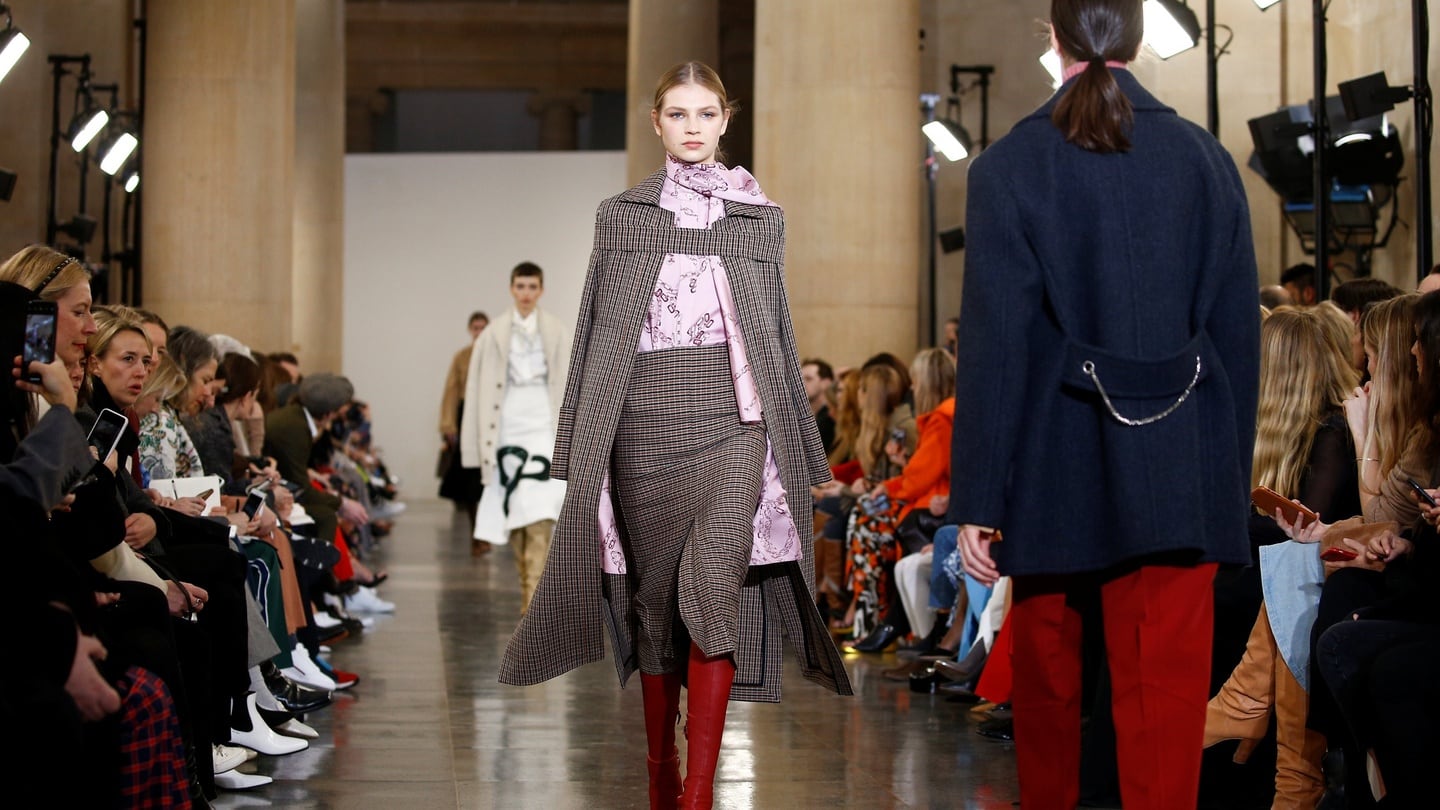 Models present creations at the Victoria Beckham show during London Fashion Week. Photograph: Henry Nicholls/Reuters