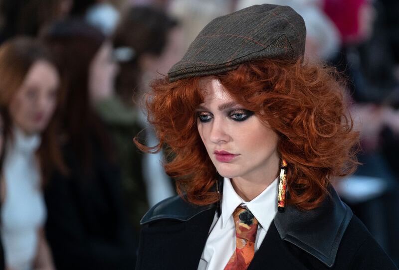 A model showcasing Paul Costelloe's collection on the opening day of the London Fashion Week. Photograph: Niklas Halle'n/AFP/Getty