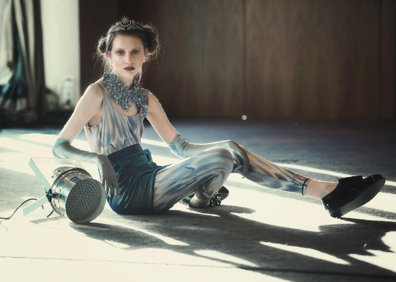 Swimsuit and leggings £110 from Mona Swims (www.monaswims.com), boxter collar, €199, Manley Design, skirt, €42, Topshop, shoes, €169, Monreal, tiara, €52, Isobella Ru, vintage earrings, €29, vintage gloves, €20, The Hummingbird Rooms, Cork