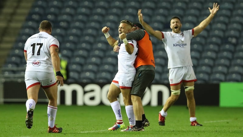 Ulster celebrate after Ian Madigan’s late winning kick at Murrayfield. Photograph: Ian MacNicol/Getty
