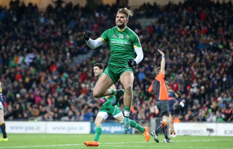 Aidan O'Shea celebrates scoring a goal for Ireland during the International Rules Test against Australia at Croke Park in November 2015. Photograph: Cathal Noonan/Inpho