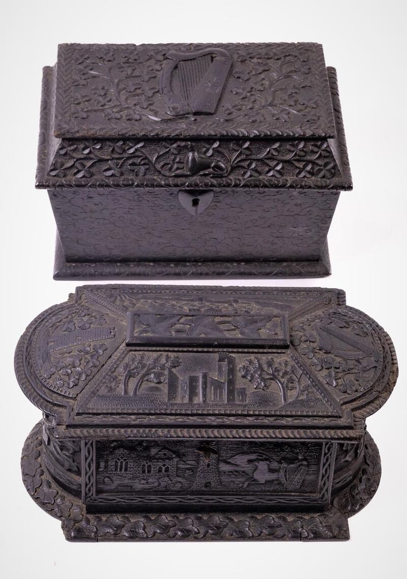 Some pieces from a large collection of carved bog oak by Cornelius Goggin (€8,000-€12,000, Fonsie Mealy's)
