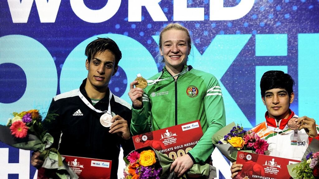 Ireland’s Amy Broadhurst with her gold medal at the Women’s World Boxing Championships in Turkey. Photograph: Aleksandar Djorovic/Inpho