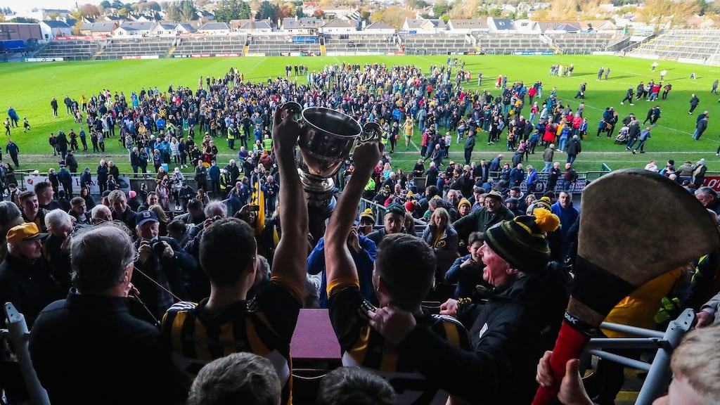 Mountbellew-Moylough’s Eoin Finnerty and Aaron McHugh lift the Frank Fox Cup. Photograph: Bryan Keane/Inpho