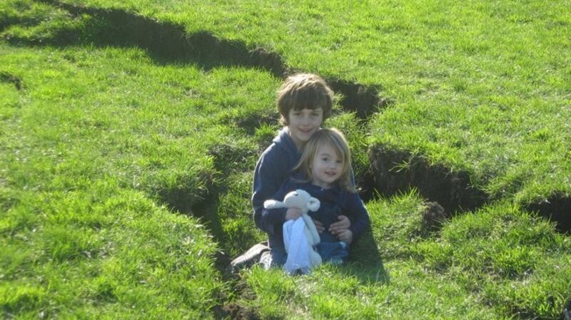 Sorcha’s children Dara Jimin and Ava Sadhbh O’Malley the day after the first earthquake in Christchurch in September 2010.