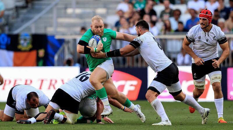 Ireland’s Jeremy Loughman with Christian Chirica of Romania in their 2023 Rugby World Cup Pool B game at Stade de Bordeaux on September 9th, 2023. Photograph: Dan Sheridan/Inpho