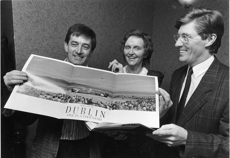 Former Irish Times photographer Tom Lawlor at the launch of his collection of photographs book, Dublin: One in a Thousand, with Carmencita Hederman and Pat Kenny.  Photograph: Peter Thursfield