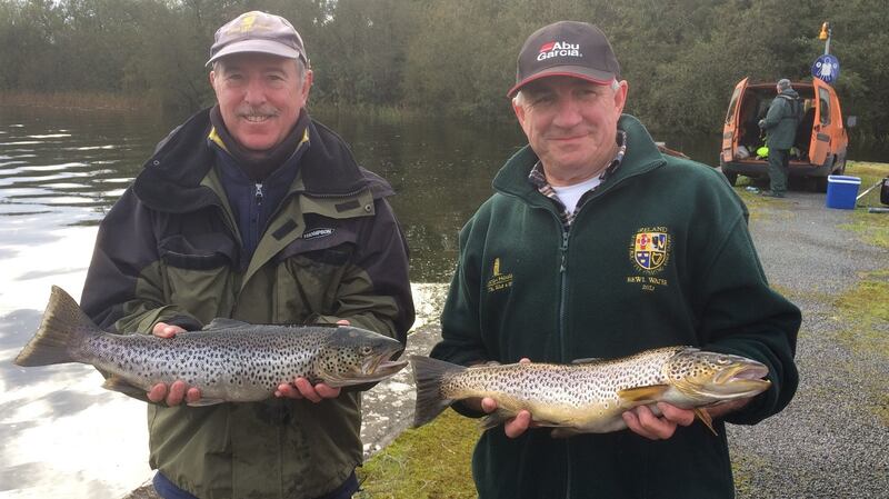 Tony Grehan and Danny O’Keeffe from the Wicklow Anglers club with their winning trout of 4.09lb and 3.12lb, respectively, at the Cavan/Monaghan Garda open competition on Lough Sheelin