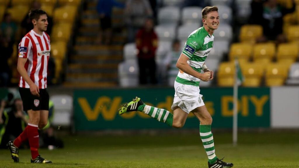 Shamrock Rovers’ Ronan Finn celebrates scoring the first goal of the game against Derry City at Tallaght Stadium. Photo: Ryan Byrne/Inpho
