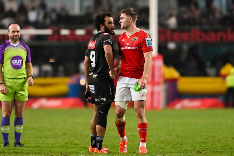 Sharks' Jaden Hendrikse and Jack Crowley of Munster have words in Durban last Saturday.
Photograph: Darren Stewart/Inpho/Steve Haag Sports