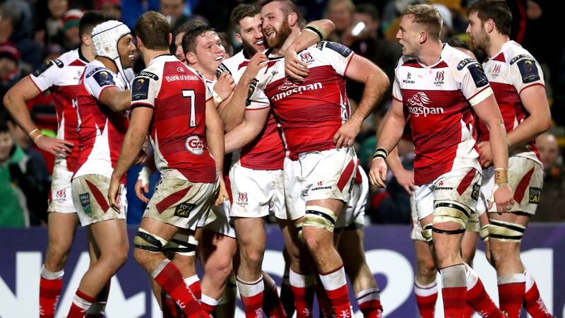 Ulster’s Alan O’Connor celebrates with his teammates after scoring a try against Harlequins. Photograph: Bryan Keane/Inpho
