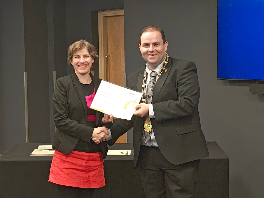 EI president Dr Edmond Harty confers the title of Fellow of Engineers Ireland on Edith Blennerhassett